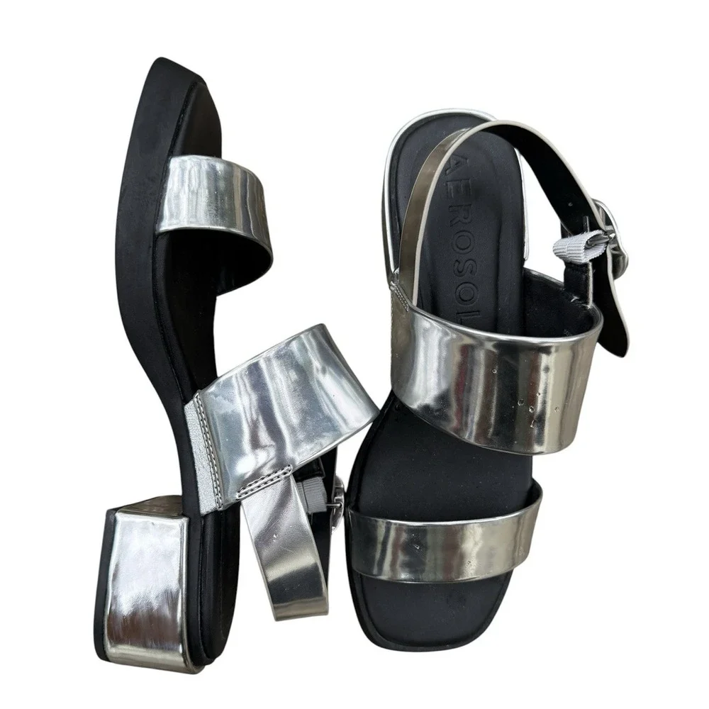 Aerosoles Dove Sandals 8.5M Silver Metallic Mirror Block Heel Buckle Comfort